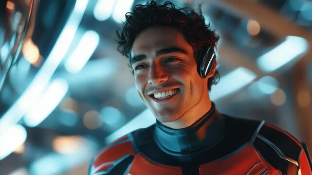Man wearing futuristic suit smiling at the camera, possibly a character from a science fiction setting.