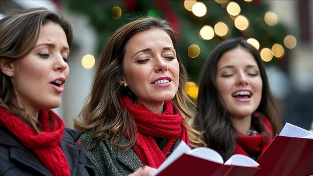Three women sing carols outdoors during Christmas season.