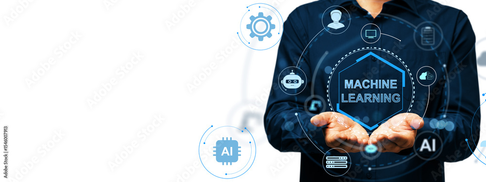 Poster man holding virtual machine learning interface with ai icons, modern blue graphic style on white bac