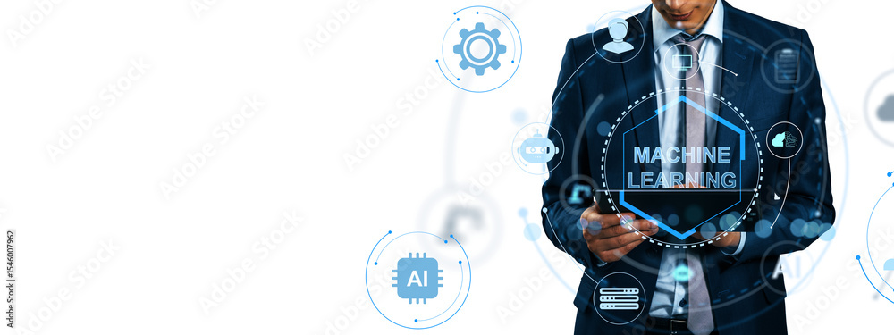 Poster businessman in suit using tablet with machine learning icons, modern digital style on white backgrou
