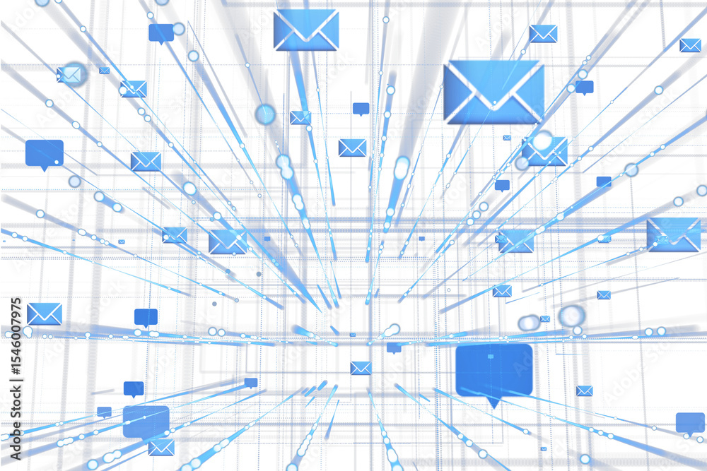 Poster Blue email envelope icons flying through digital grid lines on white background, concept of virtual message communication and online inbox flow, 3D Rendering