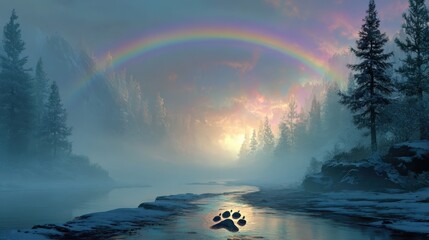Rainbow Bridge pet memorial, paw print in river, misty forest, winter landscape