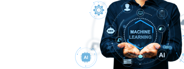 Man holding virtual machine learning interface with AI icons, modern blue graphic style on white background, concept of digital innovation