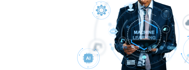 Businessman in suit using tablet with machine learning icons, modern digital style on white background. Concept of AI, innovation, future tech