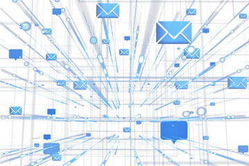 Blue email envelope icons flying through digital grid lines on white background, concept of virtual message communication and online inbox flow, 3D Rendering