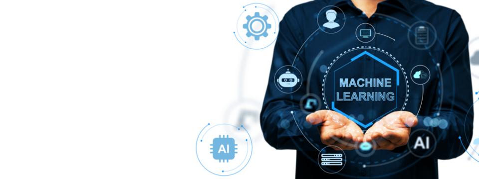 Man holding virtual machine learning interface with AI icons, modern blue graphic style on white background, concept of digital innovation
