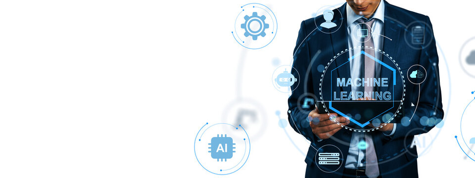 Businessman in suit using tablet with machine learning icons, modern digital style on white background. Concept of AI, innovation, future tech