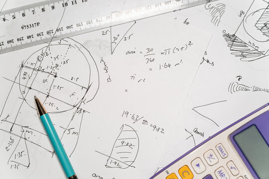 Education, maths homework, handwritten school geometry and trigonometry, Australia high school curriculum