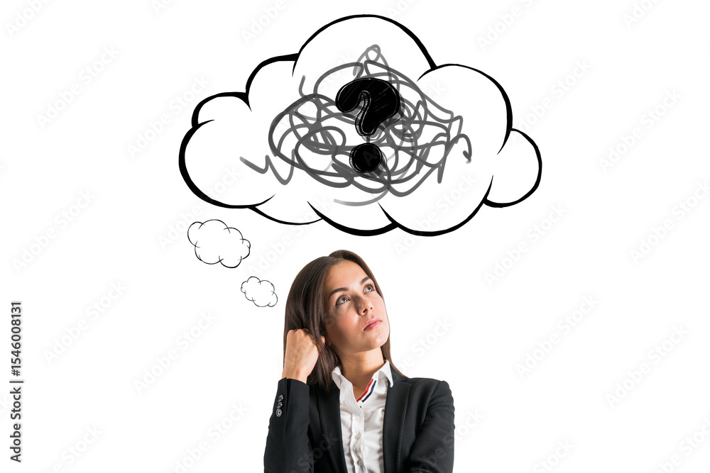 Poster woman in business attire looks up thoughtfully at a hand-drawn speech bubble with scribbles and a qu