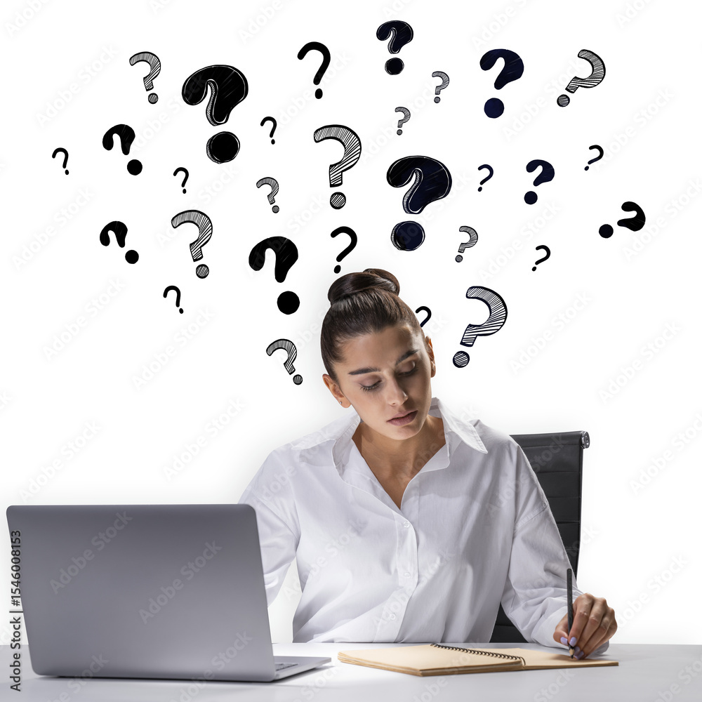 Poster woman at office desk with laptop and notebook, surrounded by question marks, isolated on white backg