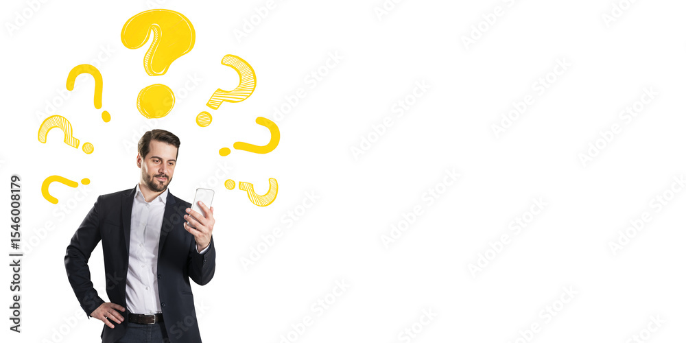 Poster man in business suit holding smartphone with puzzled look, yellow question marks above head, white b