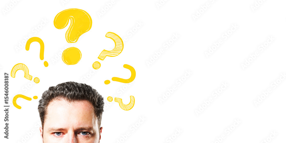 Poster man's head with yellow question marks around it, realistic style on white background. concept of cur
