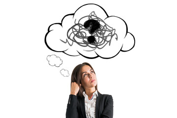 Woman in business attire looks up thoughtfully at a hand-drawn speech bubble with scribbles and a...