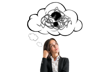 Woman in business attire looks up thoughtfully at a hand-drawn speech bubble with scribbles and a question mark, isolated on a white background. Concept of brainstorming and confusion