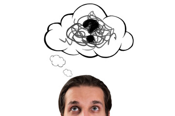 Man looking up with puzzled expression, hand-drawn sketch of thought bubble with question mark...