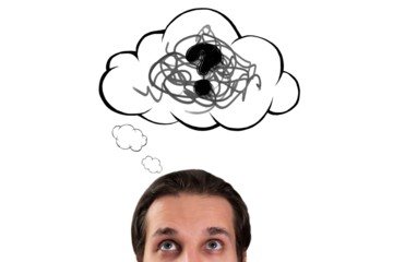 Man looking up with puzzled expression, hand-drawn sketch of thought bubble with question mark above head, isolated on white background