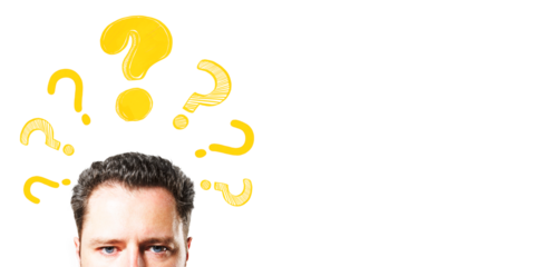 Man's head with yellow question marks around it, realistic style on white background. Concept of curiosity, query, decision, and problem solving