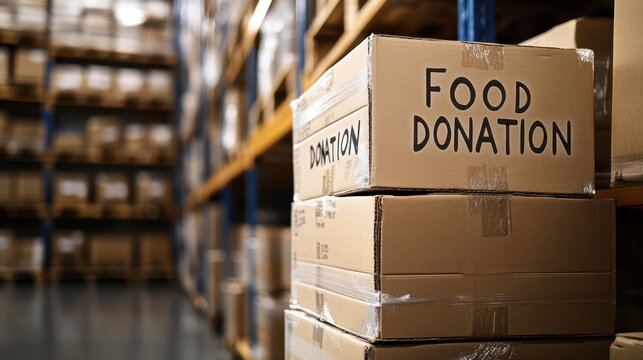 Food donation boxes stacked high in a warehouse setting