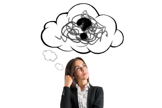 Woman in business attire looks up thoughtfully at a hand-drawn speech bubble with scribbles and a question mark, isolated on a white background. Concept of brainstorming and confusion - Powered by Adobe