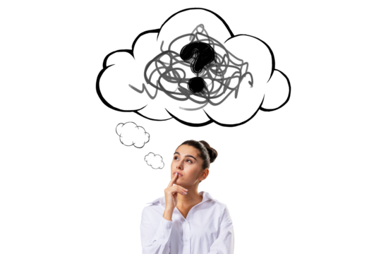 Woman thinking with hand on chin, sketchy cloud and question mark above her head, isolated on white background, concept of confusion and problem-solving