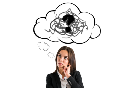 Woman in a suit thinking, with a sketchy cloud and question mark above her head, isolated on white background, symbolizing curiosity or confusion