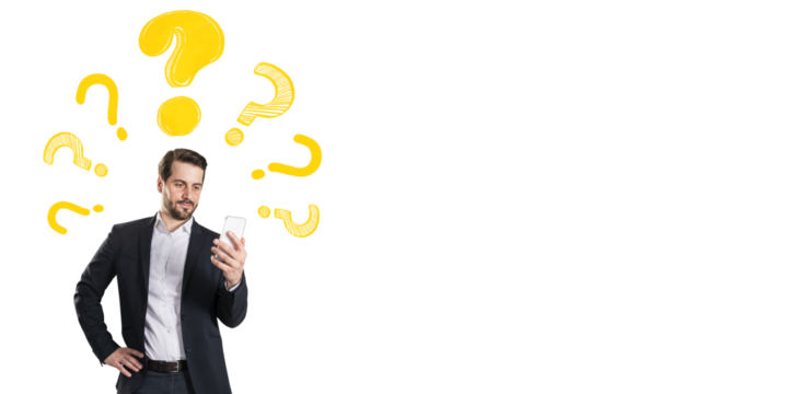 Man in business suit holding smartphone with puzzled look, yellow question marks above head, white background, concept of online problem solving