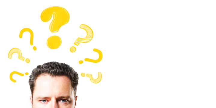 Man's head with yellow question marks around it, realistic style on white background. Concept of curiosity, query, decision, and problem solving