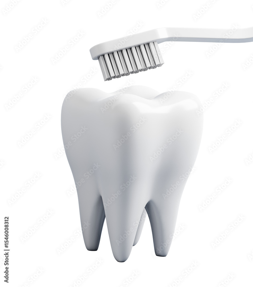 Aufkleber Shiny white tooth with toothbrush on transparent background, clean isolated 3D Rendering layout for dental health care concept design