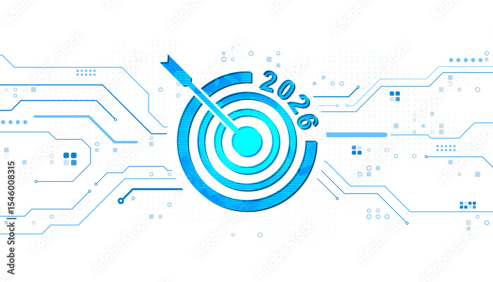 Aufkleber Blue target with arrow labeled 2026 on digital tech interface, abstract neon circuit pattern, white background. Concept of future business goal. 3D Rendering