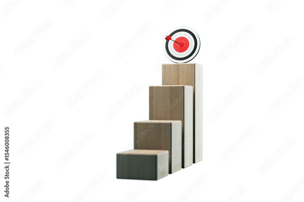 Poster wooden staircase blocks arranged in ascending order with bullseye target on top, isolated on white b