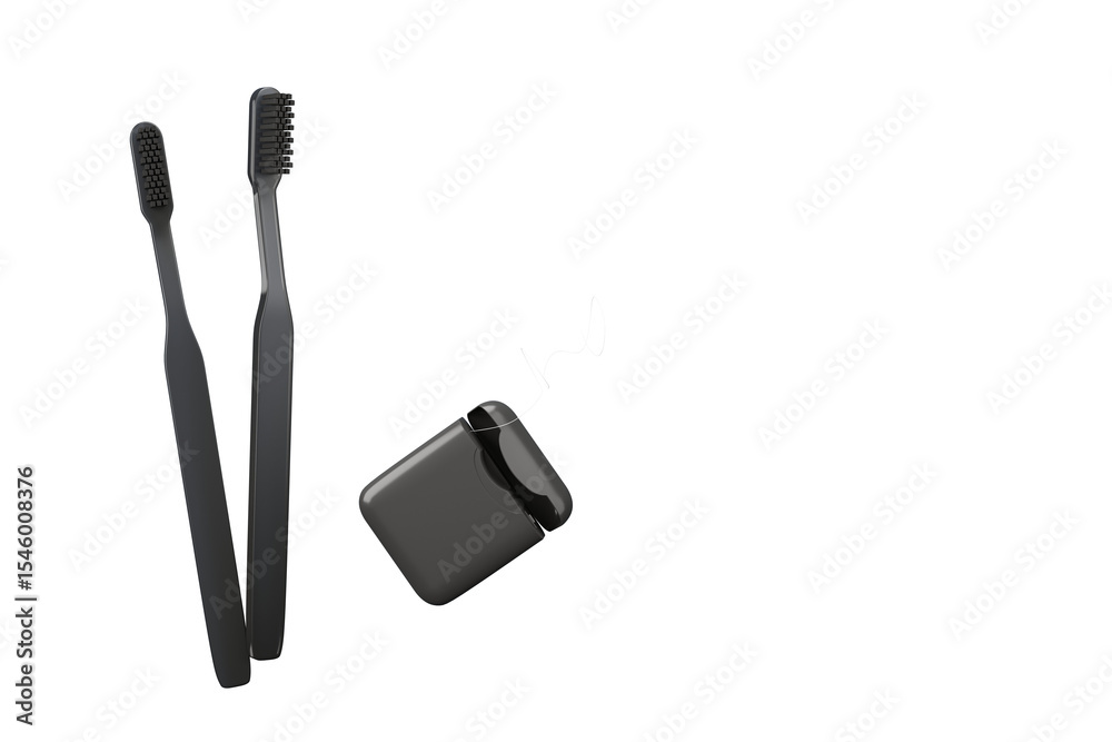 Poster two black toothbrushes and a dental floss container presented in a clean closeup layout on a white b