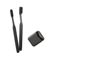 Two black toothbrushes and a dental floss container presented in a clean closeup layout on a white background. Concept of oral health care. 3D Rendering