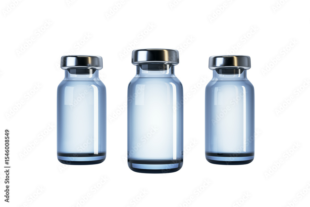 Poster Three clear glass vials with shiny metallic caps, isolated and evenly spaced on white background, perfect for branding mockup or layout design. 3D Rendering