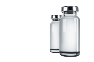 Transparent glass vials with shiny metal caps, realistic graphic style, isolated on white background. Concept for product mockup and branding. 3D Rendering