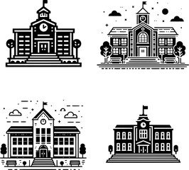 set of minimalist black and white school building icon in clean line art style.