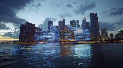 Obraz premium Vibrant Urban Cityscape with Skyscrapers and Reflective Water Surface