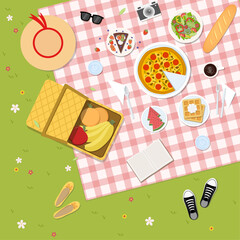 A top view of a summer picnic with a red mat and various foods. Vector illustration in flat design style.