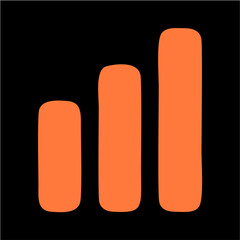 Minimalist Orange Vertical Bar Chart Icon on Black Background – Growth and Analytics Vector Symbol,A clean vector illustration featuring three vertical orange bars of varying height, arranged in ascen
