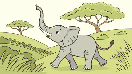 Illustration of a cartoon elephant walking in a grassy field with trees in the background outdoors