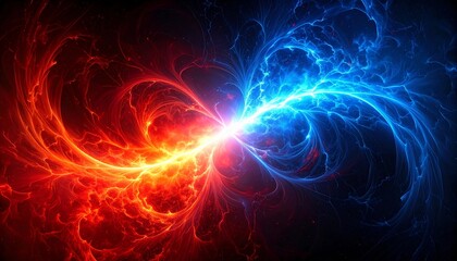 赤と青のエネルギーが交錯する衝撃的な瞬間　ダイナミックな対決構図