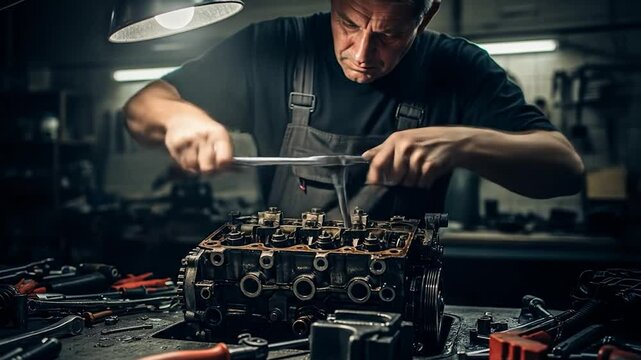 Mechanic repairing car engine block in workshop, tightening bolts with wrench under bright light