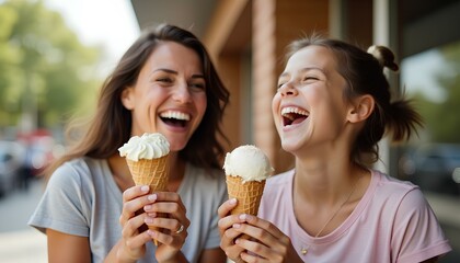 Joyful moment between mom and daughter eating soft serve ice cream in the park