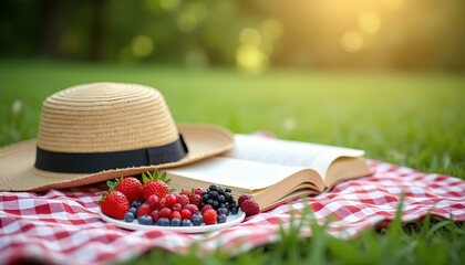 Relaxing summer picnic setup with fresh berries and open book on grass