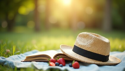 Relaxing summer picnic setup with fresh berries and open book on grass