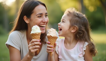 Joyful moment between mom and daughter eating soft serve ice cream in the park