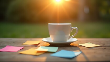 Yellow cup and notes in bright room with plants and wooden furniture