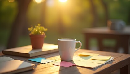 Yellow cup and notes in bright room with plants and wooden furniture