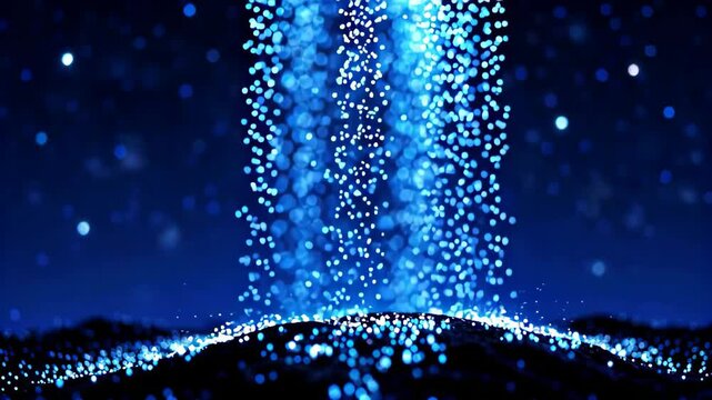 a blue fountain with water pouring out of it at night