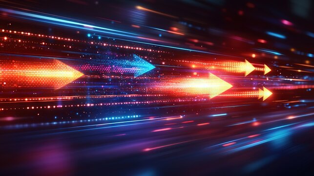 Abstract background with glowing blue light rays and upward arrows symbolizing technology industry growth and fiber optic data transfer speed for slide backgrounds and data visualization.
