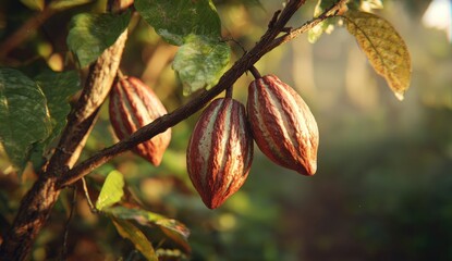 Three ripening cocoa pods hang from a branch, bathed in warm sunlight, amidst lush green foliage